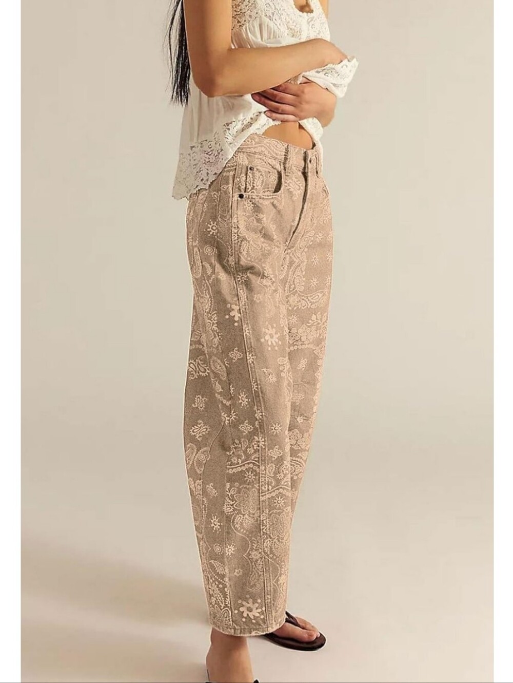 Loveimgs Women Boyfriend Baggy Barrel Khaki Paisley Jean Size Medium US 8-10 NWT - Picture 2 of 11